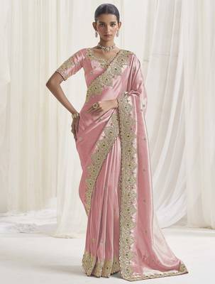 Designer pink viscose fabric saree with pink viscose blouse fabric 1