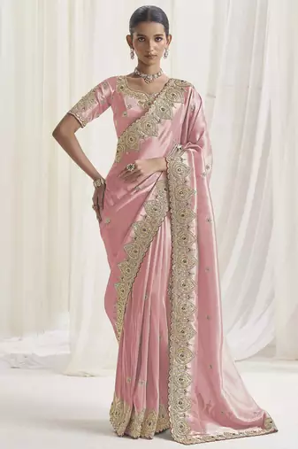 Designer pink viscose fabric saree with pink viscose blouse fabric