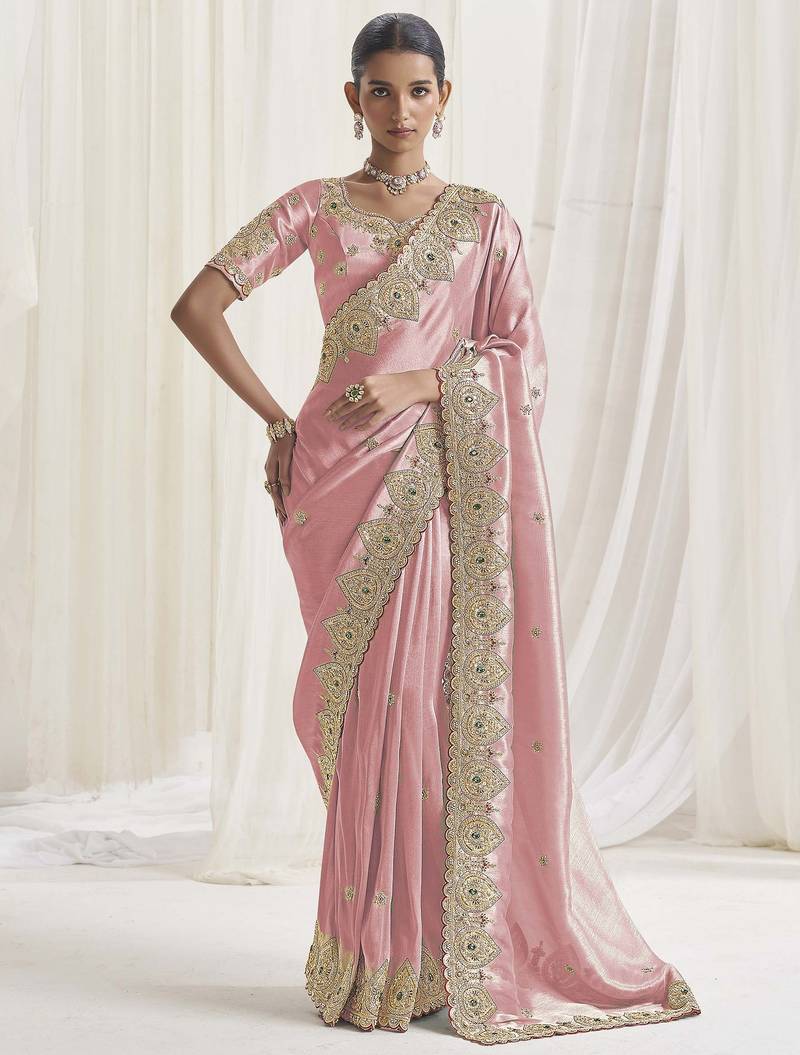 Designer pink viscose fabric saree with pink viscose blouse fabric