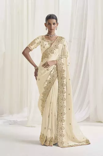 Designer cream viscose fabric saree with cream viscose blouse fabric
