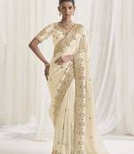 Designer cream viscose fabric saree with cream viscose blouse fabric