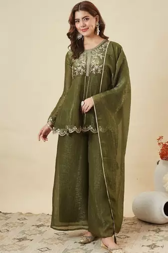 Mhendi embroidered crunchy silk kurta plazzo dupatta set
