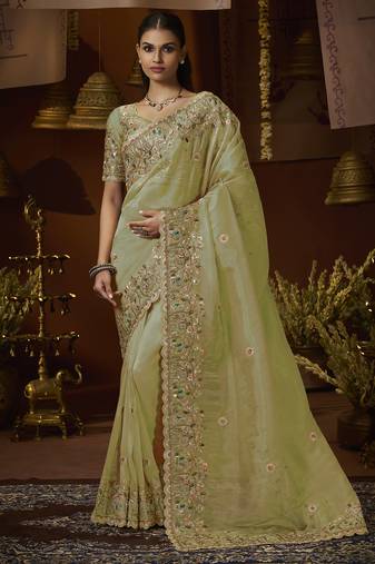 Designer pista tissue fabric saree with pista tissue blouse fabric