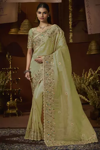 Designer pista tissue fabric saree with pista tissue blouse fabric