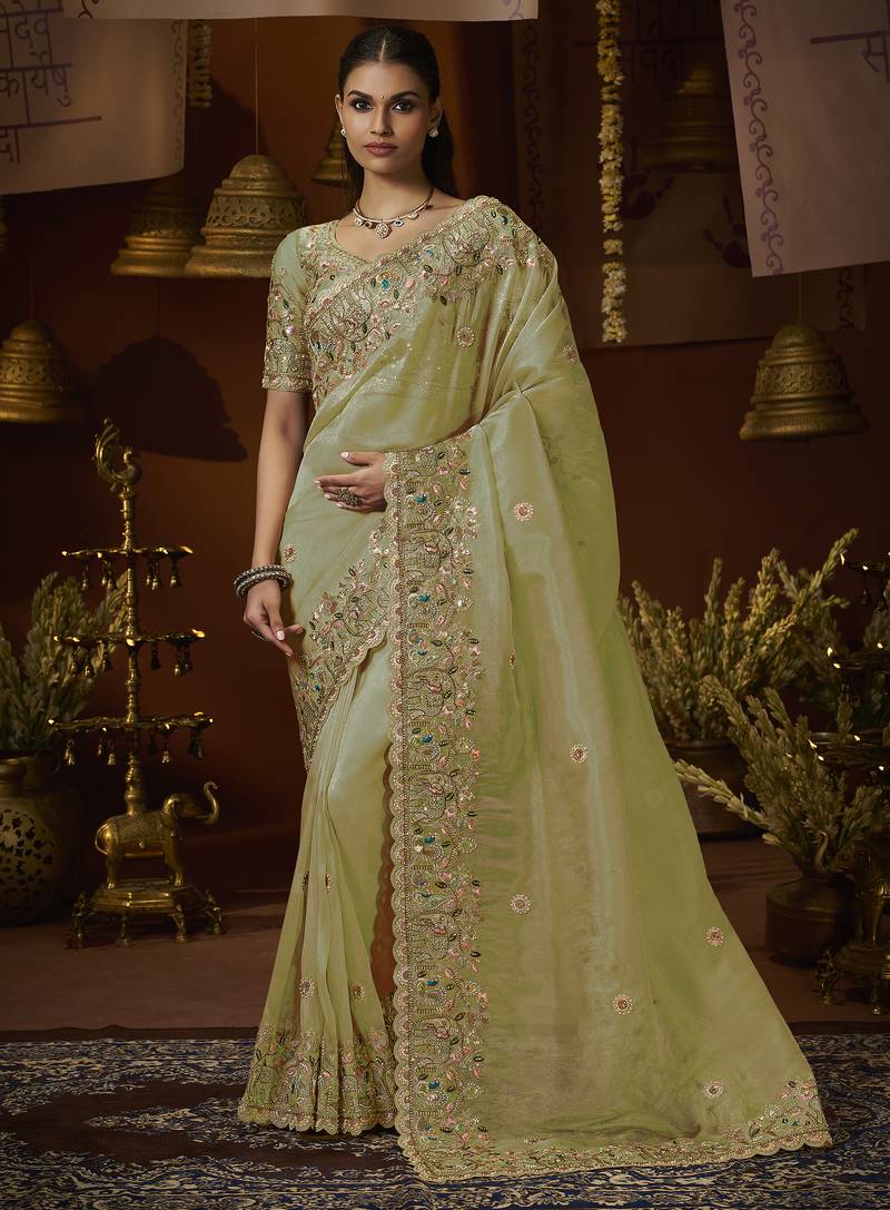Designer pista tissue fabric saree with pista tissue blouse fabric