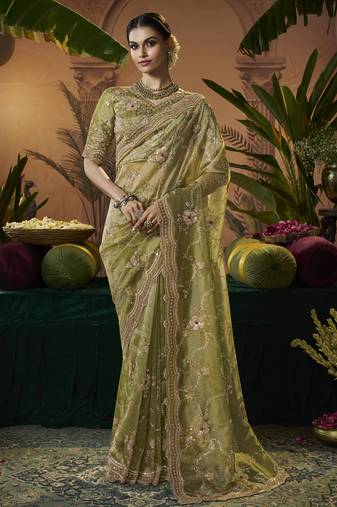 Designer green tissue fabric saree with green tissue blouse fabric