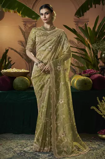 Designer green tissue fabric saree with green tissue blouse fabric