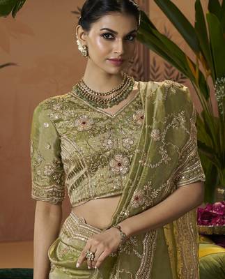 Designer green tissue fabric saree with green tissue blouse fabric 2