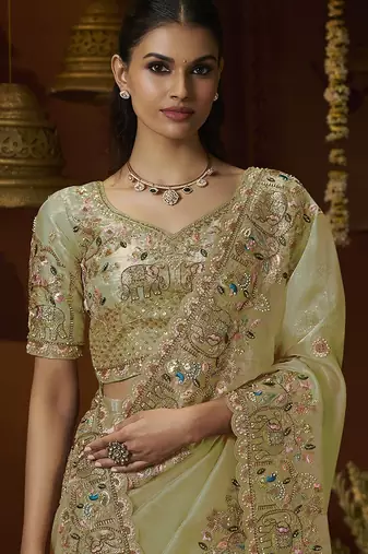Designer pista tissue fabric saree with pista tissue blouse fabric