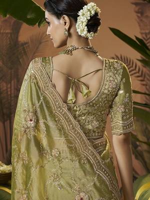 Designer green tissue fabric saree with green tissue blouse fabric 3