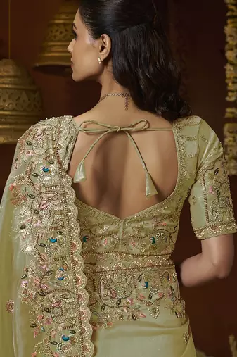 Designer pista tissue fabric saree with pista tissue blouse fabric