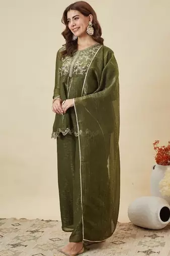 Mhendi embroidered crunchy silk kurta plazzo dupatta set