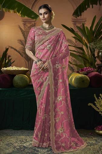 Designer pink tissue fabric saree with pink tissue blouse fabric