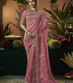 Designer pink tissue fabric saree with pink tissue blouse fabric