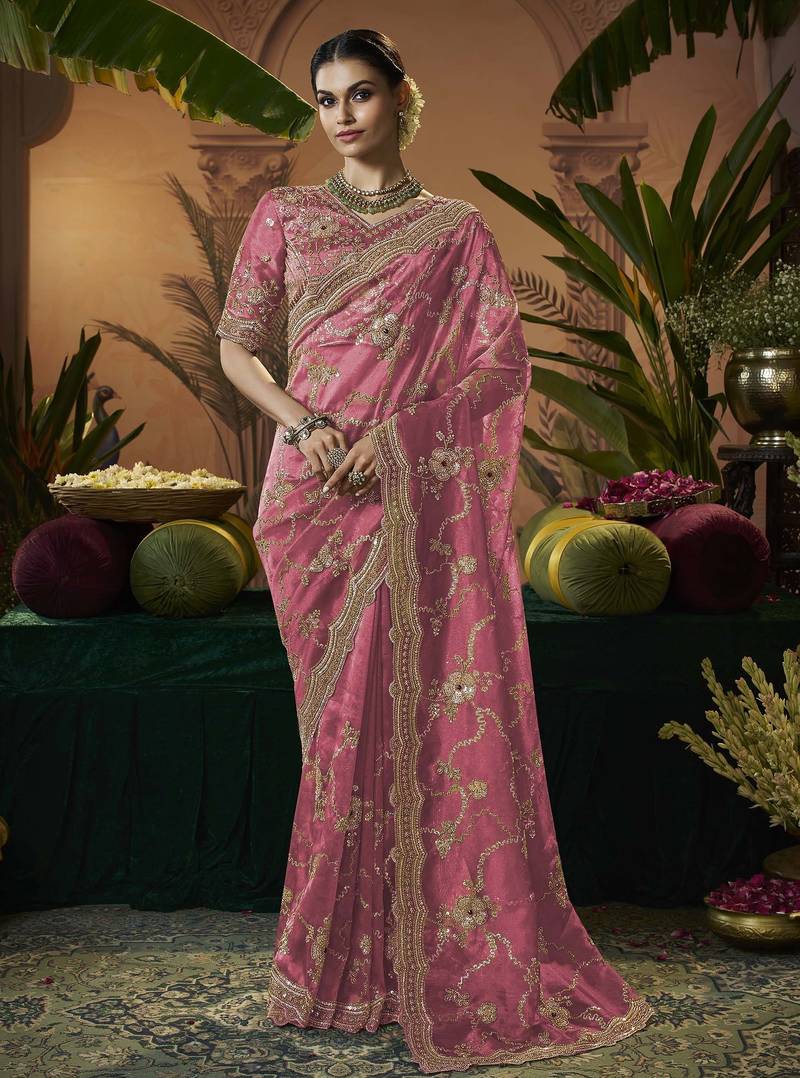 Designer pink tissue fabric saree with pink tissue blouse fabric