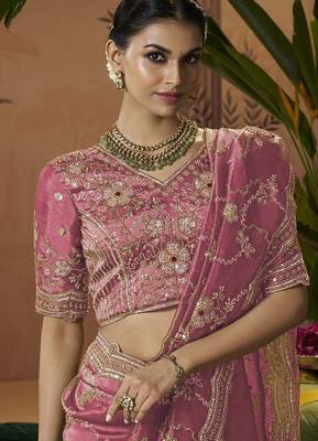 Designer pink tissue fabric saree with pink tissue blouse fabric 2