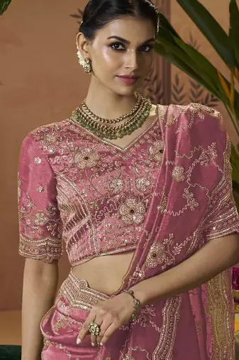 Designer pink tissue fabric saree with pink tissue blouse fabric