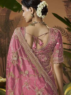 Designer pink tissue fabric saree with pink tissue blouse fabric 3