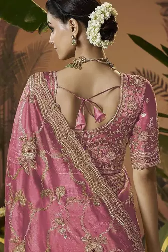 Designer pink tissue fabric saree with pink tissue blouse fabric