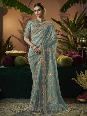 Designer sea green tissue fabric saree with green tissue blouse fabric 1