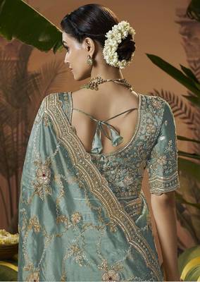 Designer sea green tissue fabric saree with green tissue blouse fabric 3