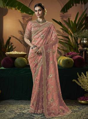 Designer peach tissue fabric saree with peach tissue blouse fabric 1