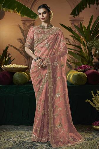 Designer peach tissue fabric saree with peach tissue blouse fabric