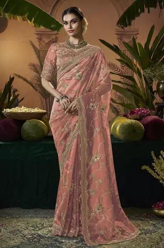 Designer peach tissue fabric saree with peach tissue blouse fabric