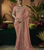 Designer peach tissue fabric saree with peach tissue blouse fabric