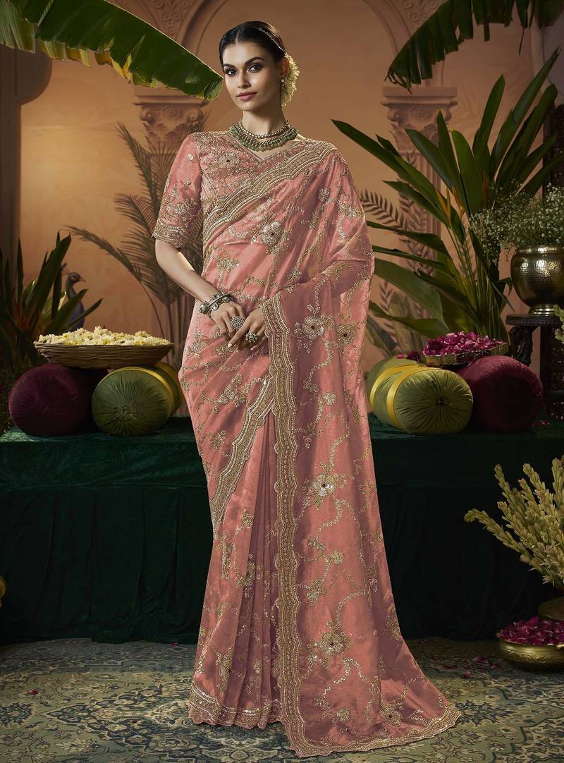Designer peach tissue fabric saree with peach tissue blouse fabric