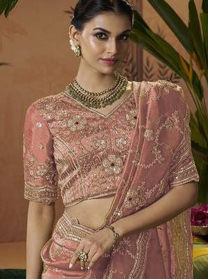 Designer peach tissue fabric saree with peach tissue blouse fabric 2