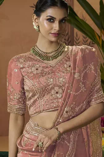 Designer peach tissue fabric saree with peach tissue blouse fabric