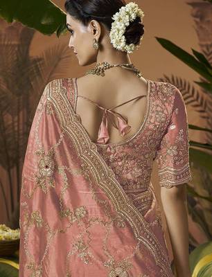 Designer peach tissue fabric saree with peach tissue blouse fabric 3