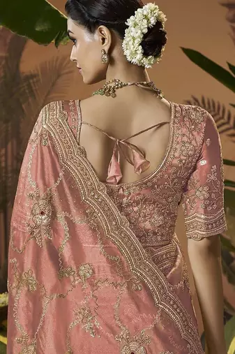 Designer peach tissue fabric saree with peach tissue blouse fabric