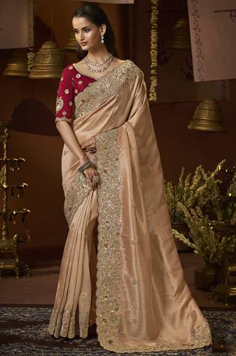 designer biscuit jacquard fabric saree with maroon silk blend blouse fabric