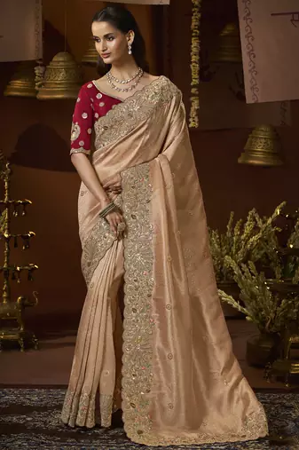 designer biscuit jacquard fabric saree with maroon silk blend blouse fabric