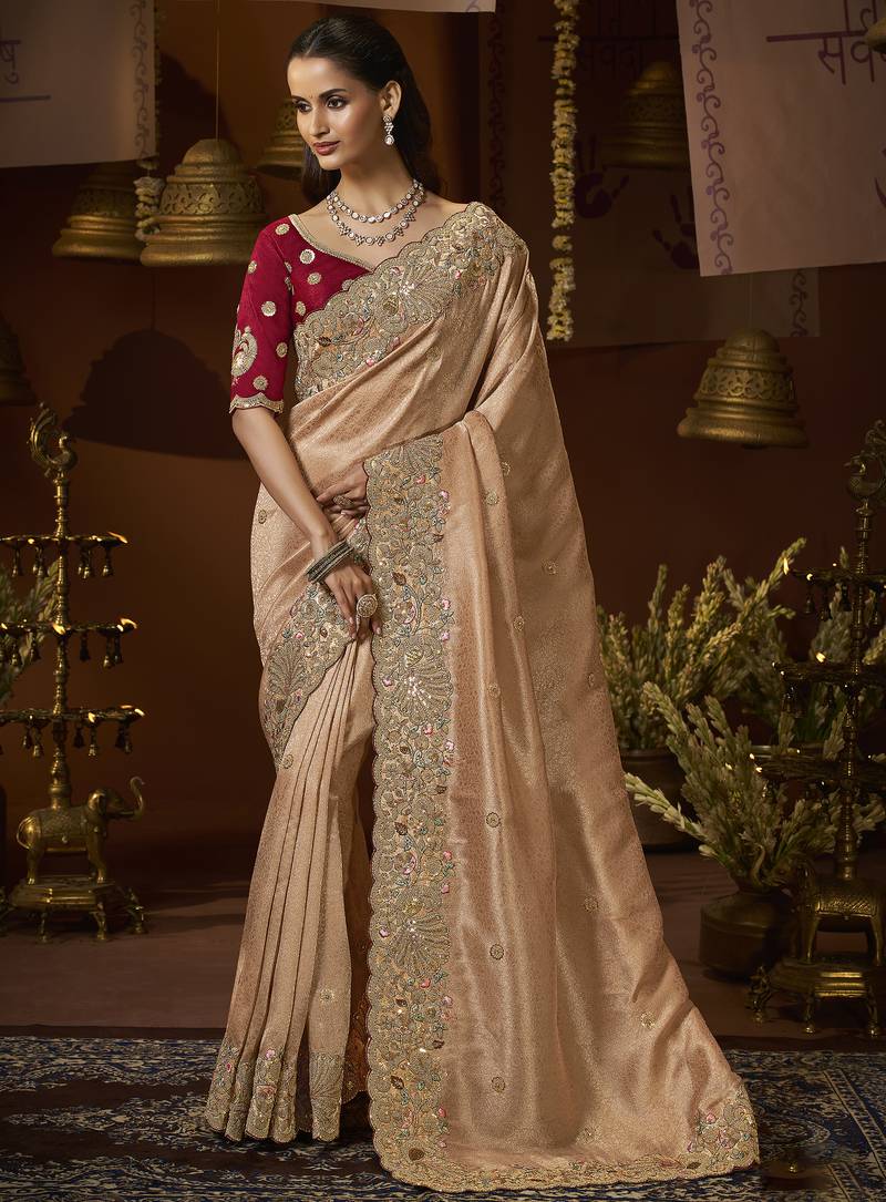 designer biscuit jacquard fabric saree with maroon silk blend blouse fabric