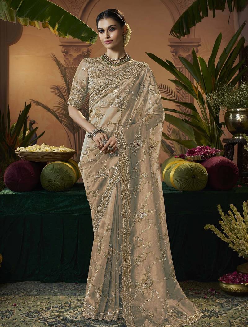 Designer gold tissue fabric saree with gold tissue blouse fabric