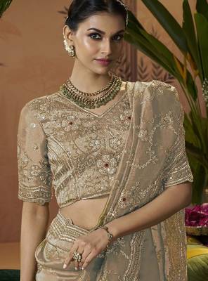 Designer gold tissue fabric saree with gold tissue blouse fabric 2