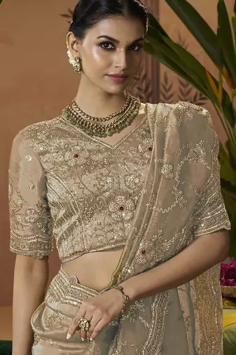 Designer gold tissue fabric saree with gold tissue blouse fabric