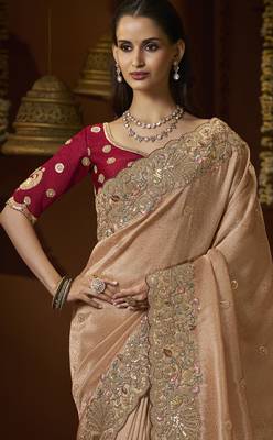 designer biscuit jacquard fabric saree with maroon silk blend blouse fabric 2