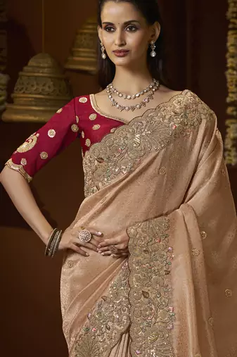 designer biscuit jacquard fabric saree with maroon silk blend blouse fabric