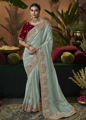 designer sky soft jacquard fabric saree with maroon silk blend blouse fabric 1