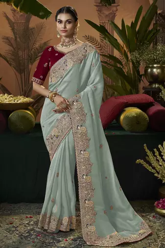 designer sky soft jacquard fabric saree with maroon silk blend blouse fabric