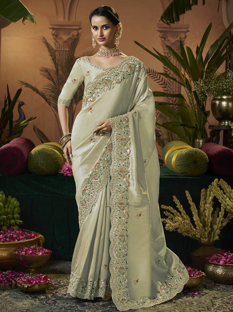 designer pista silk blend fabric saree with pista silk blend blouse fabric