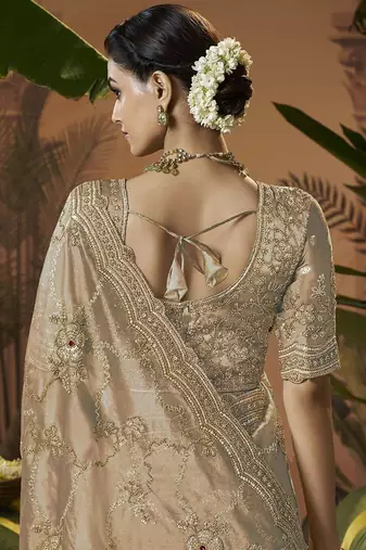 Designer gold tissue fabric saree with gold tissue blouse fabric