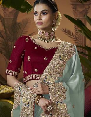 designer sky soft jacquard fabric saree with maroon silk blend blouse fabric 2