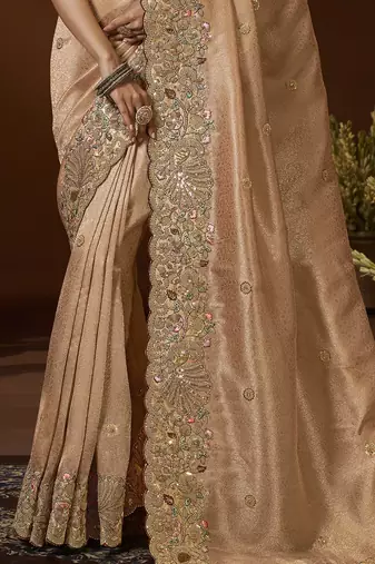 designer biscuit jacquard fabric saree with maroon silk blend blouse fabric