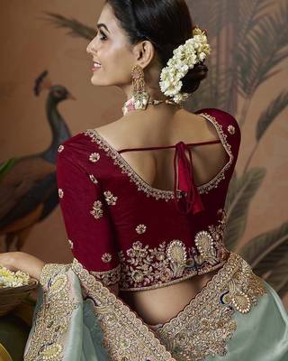 designer sky soft jacquard fabric saree with maroon silk blend blouse fabric 3