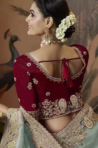 designer sky soft jacquard fabric saree with maroon silk blend blouse fabric